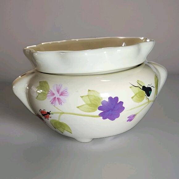 Vintage African Violet Self Watering Planter Ceramic Hand Painted Flowers Bugs - Picture 1 of 10